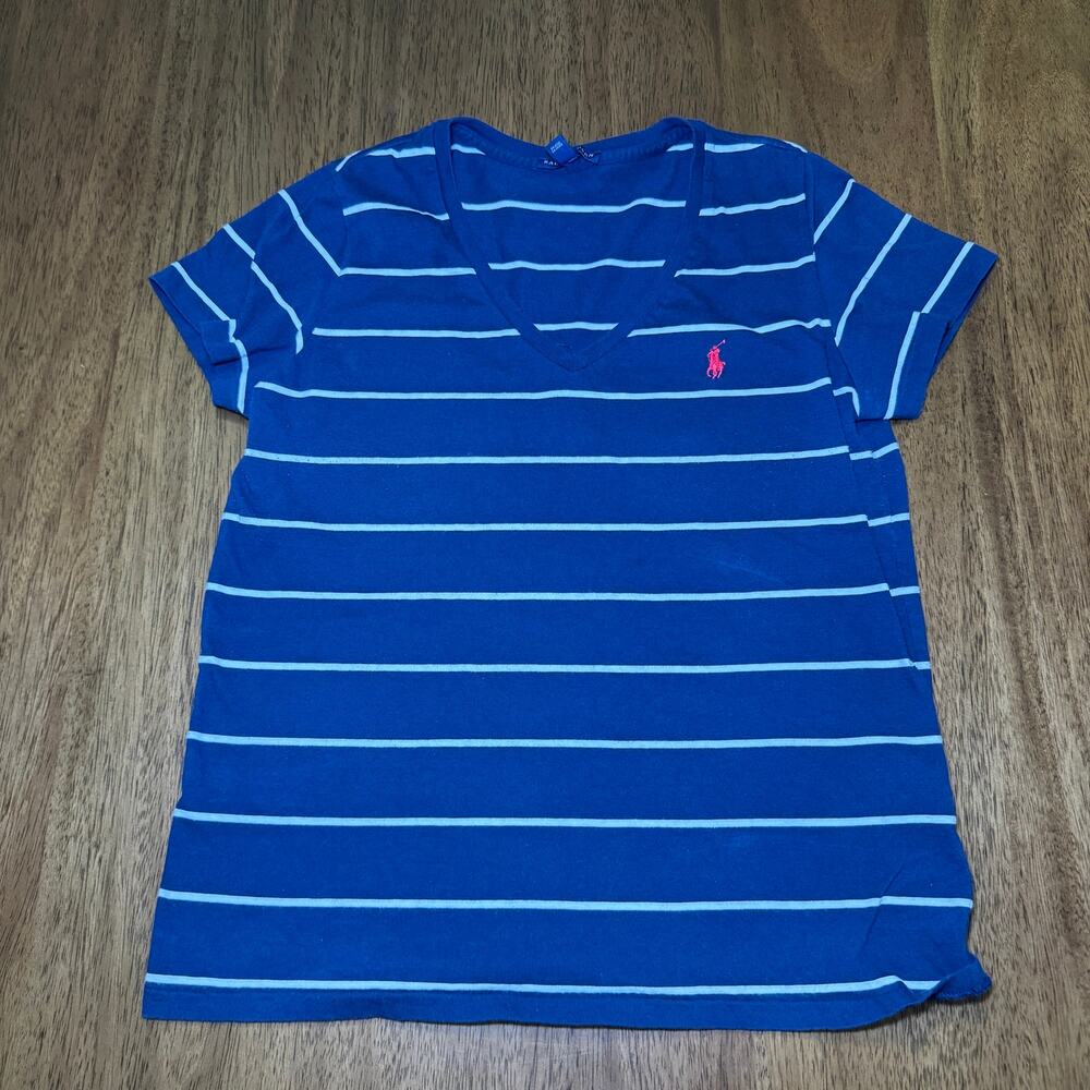 Ralph Lauren Womens L Navy Blue Striped V Neck Tee Pink Pony Cotton Preppy